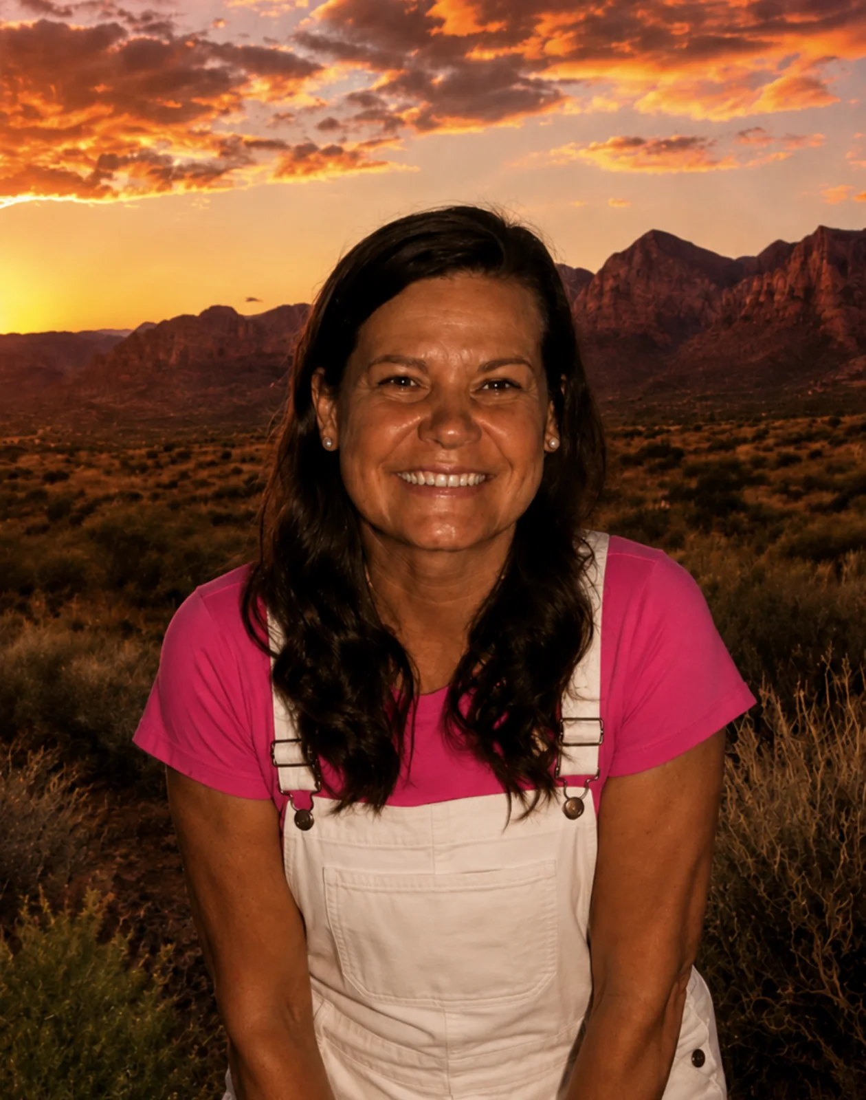 Abby, owner of Home Touch Finishing, in her work overalls at sunset in the southern Utah desert