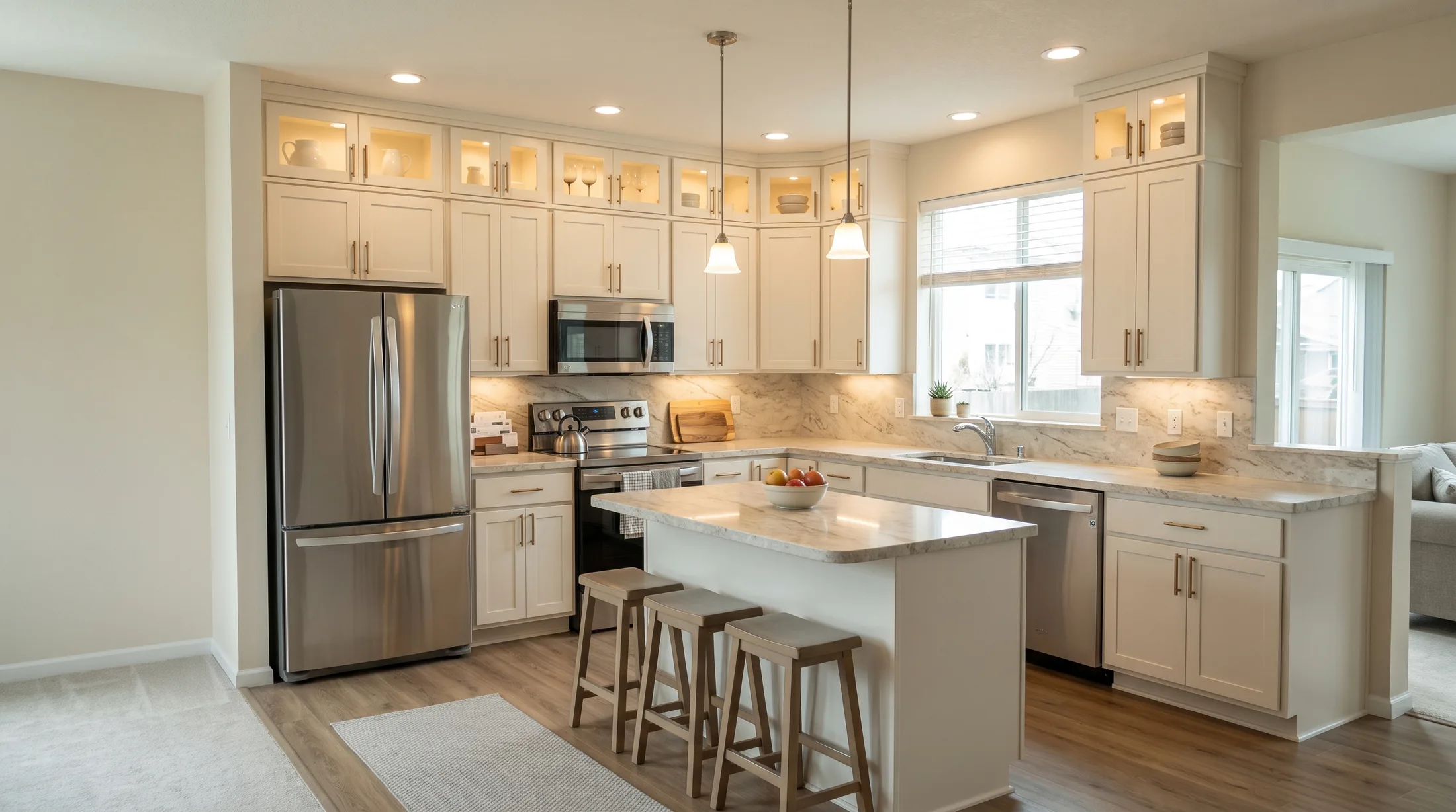 Refinished kitchen with warm white cabinets running to the ceiling, brushed brass hardware and a light granite island